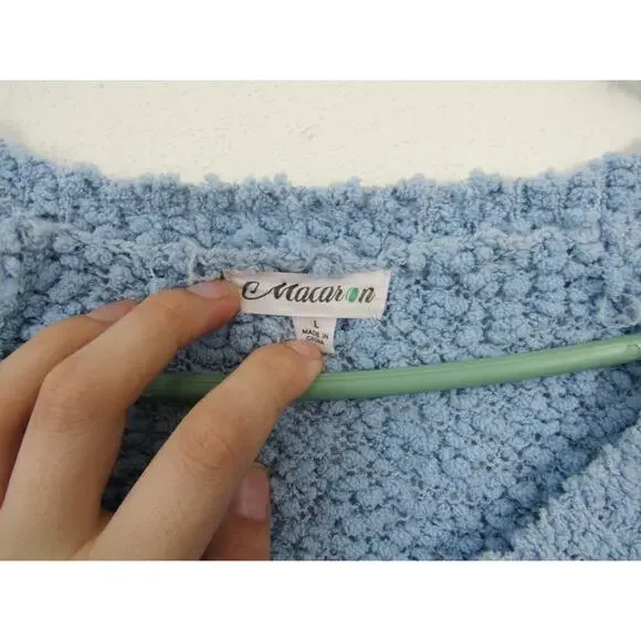 Macaron Large Light Blue Fuzzy Popcorn Knit Sweater Women's Pullover V Neck - Picture 2 of 6
